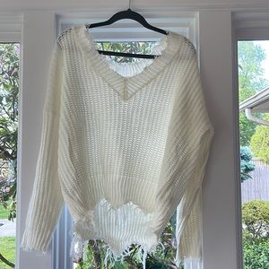 Main Strip V-Neck White Sweater w/ Distressed Detail